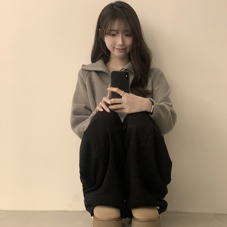 새콤달콤 겨울 카라 반집업 세미 크롭 오버핏 긴팔 폴라 캐주얼 기본 니트 4color 그레이