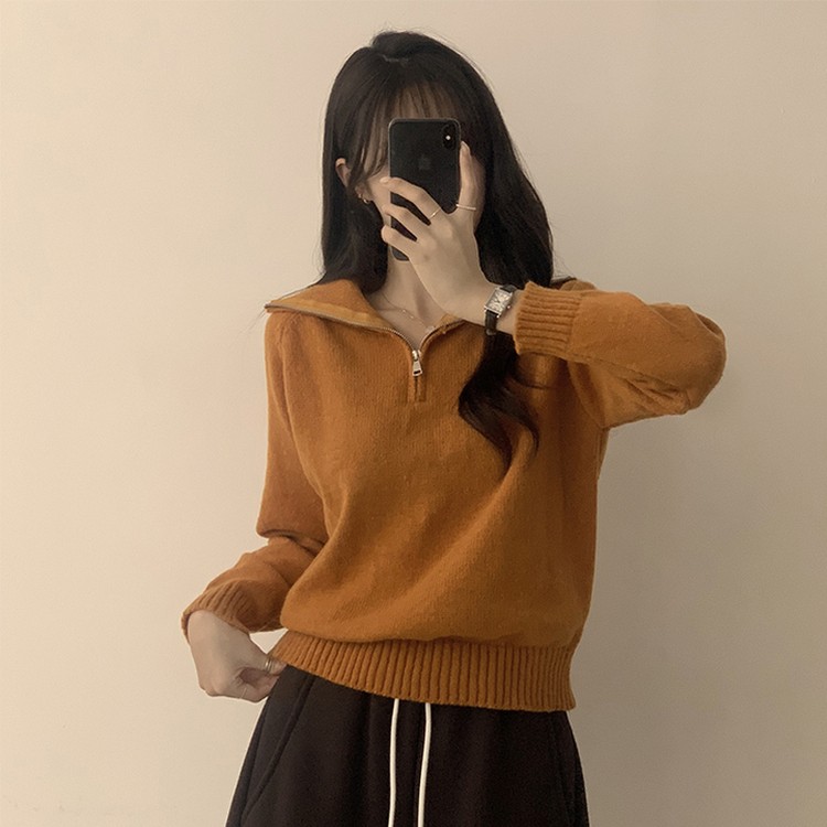 새콤달콤 겨울 카라 반집업 세미 크롭 오버핏 긴팔 폴라 캐주얼 기본 니트 4color 카멜