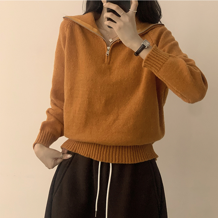 새콤달콤 겨울 카라 반집업 세미 크롭 오버핏 긴팔 폴라 캐주얼 기본 니트 4color 카멜