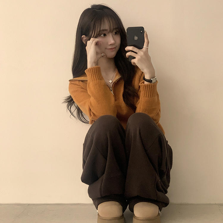 새콤달콤 겨울 카라 반집업 세미 크롭 오버핏 긴팔 폴라 캐주얼 기본 니트 4color 카멜