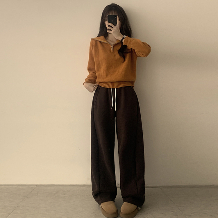 새콤달콤 겨울 카라 반집업 세미 크롭 오버핏 긴팔 폴라 캐주얼 기본 니트 4color 카멜