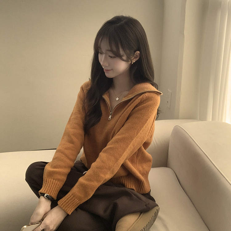 새콤달콤 겨울 카라 반집업 세미 크롭 오버핏 긴팔 폴라 캐주얼 기본 니트 4color 카멜