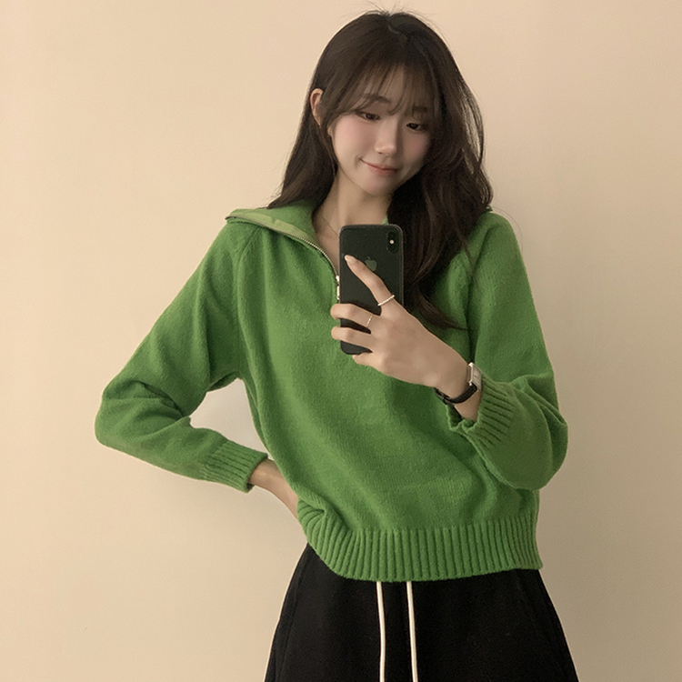 새콤달콤 겨울 카라 반집업 세미 크롭 오버핏 긴팔 폴라 캐주얼 기본 니트 4color 그린