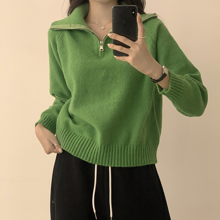 새콤달콤 겨울 카라 반집업 세미 크롭 오버핏 긴팔 폴라 캐주얼 기본 니트 4color 그린