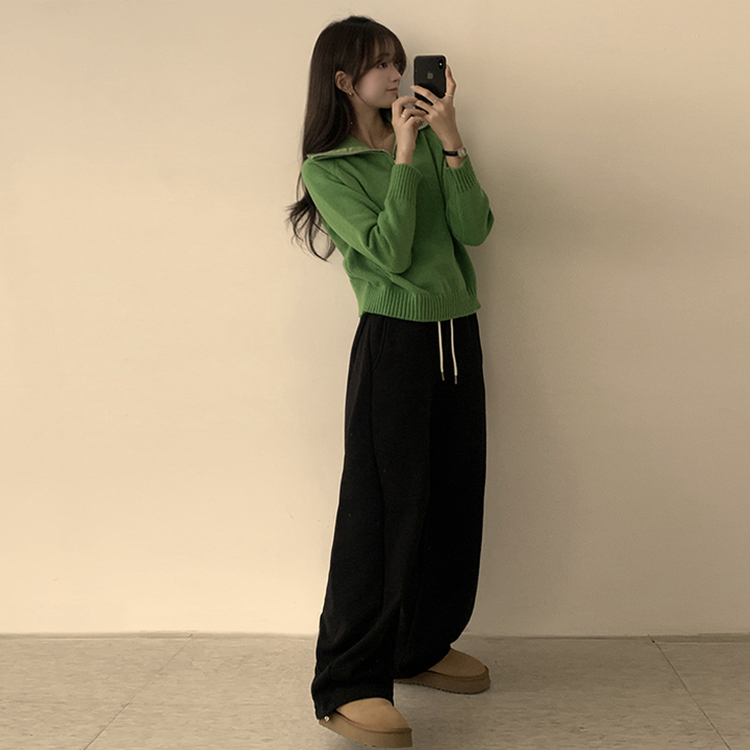 새콤달콤 겨울 카라 반집업 세미 크롭 오버핏 긴팔 폴라 캐주얼 기본 니트 4color 그린