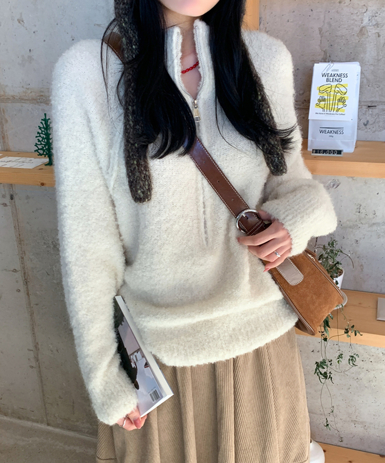 ハイネックジップアップニット