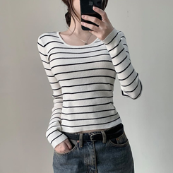 ストライプユーネック長袖ニット T IVORY STRIPE