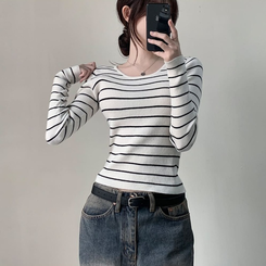 ストライプユーネック長袖ニット T IVORY STRIPE