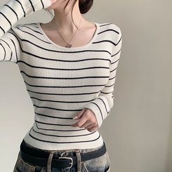 ストライプユーネック長袖ニット T IVORY STRIPE