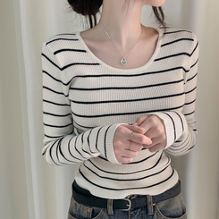 ストライプユーネック長袖ニット T IVORY STRIPE