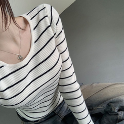 ストライプユーネック長袖ニット T IVORY STRIPE