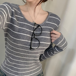 ストライプユーネック長袖ニット T GRAY STRIPE