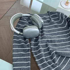 ストライプユーネック長袖ニット T