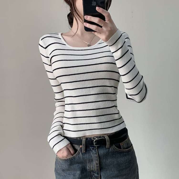 ストライプユーネック長袖ニット T IVORY STRIPE