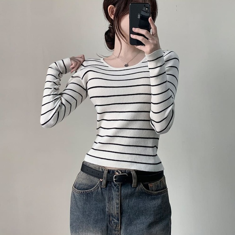 ストライプユーネック長袖ニット T IVORY STRIPE