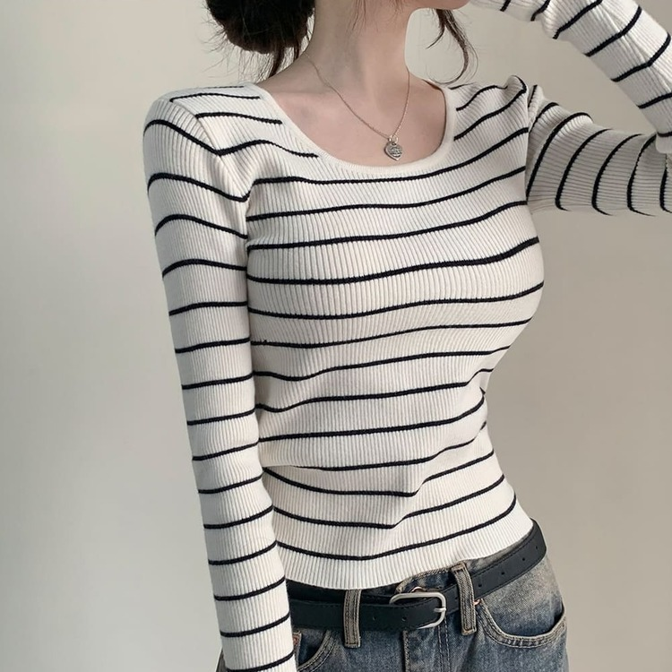 ストライプユーネック長袖ニット T IVORY STRIPE