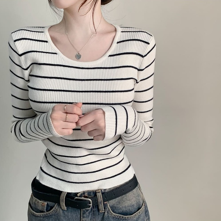 ストライプユーネック長袖ニット T IVORY STRIPE