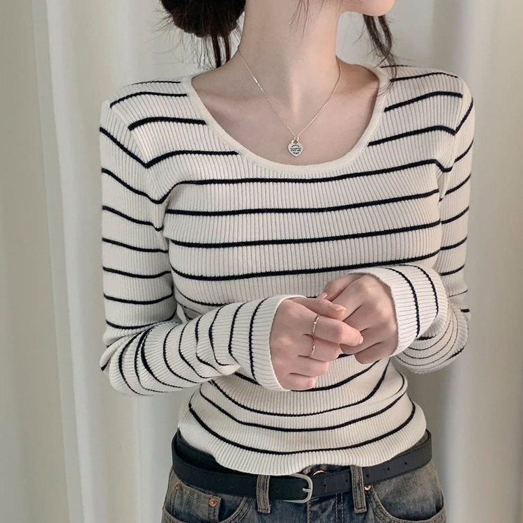 ストライプユーネック長袖ニット T IVORY STRIPE