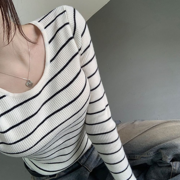 ストライプユーネック長袖ニット T IVORY STRIPE