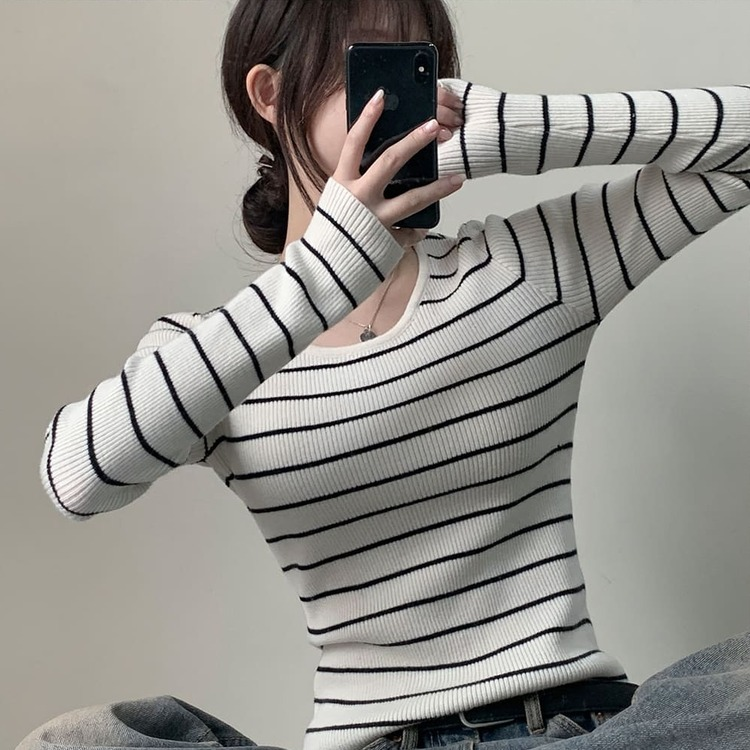 ストライプユーネック長袖ニット T IVORY STRIPE