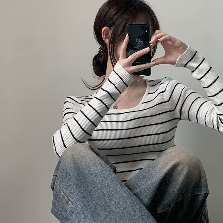 ストライプユーネック長袖ニット T IVORY STRIPE