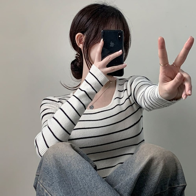 ストライプユーネック長袖ニット T IVORY STRIPE