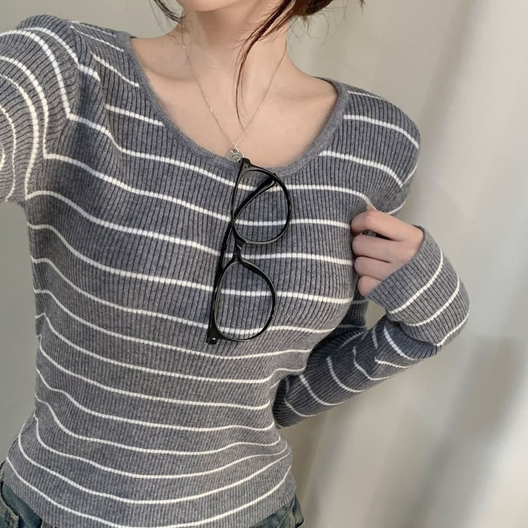 ストライプユーネック長袖ニット T GRAY STRIPE