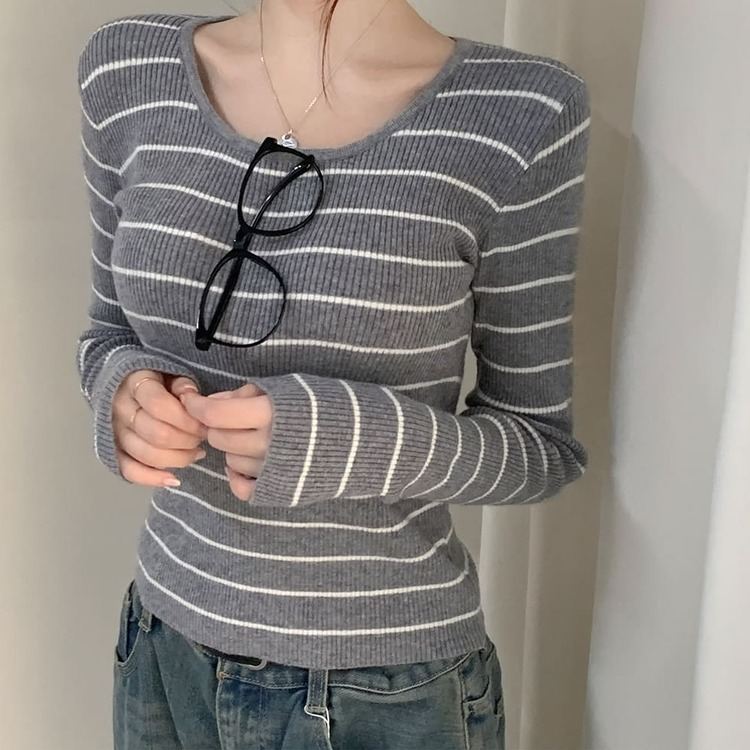 ストライプユーネック長袖ニット T GRAY STRIPE