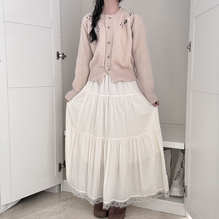 밑단 레이스 포인트 레이스 캉캉 밴딩 롱스커트 롱치마 보헤미안 에스닉 모리걸 히피