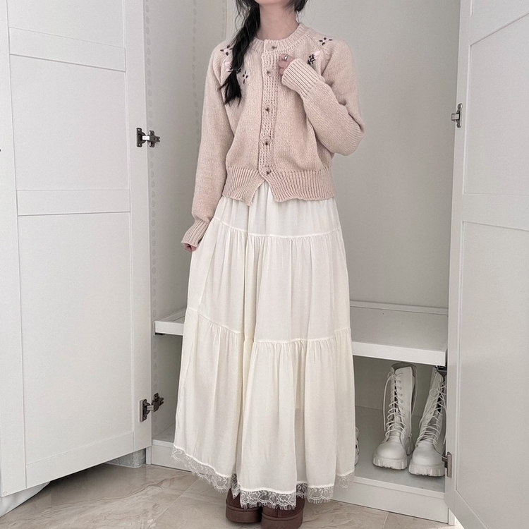 밑단 레이스 포인트 레이스 캉캉 밴딩 롱스커트 롱치마 보헤미안 에스닉 모리걸 히피
