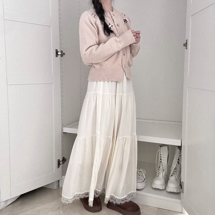 밑단 레이스 포인트 레이스 캉캉 밴딩 롱스커트 롱치마 보헤미안 에스닉 모리걸 히피