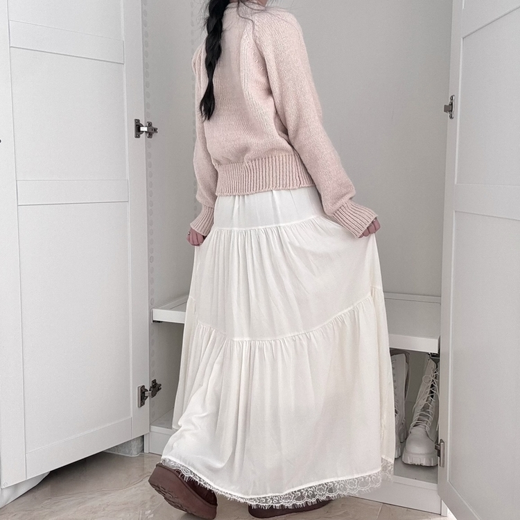 밑단 레이스 포인트 레이스 캉캉 밴딩 롱스커트 롱치마 보헤미안 에스닉 모리걸 히피