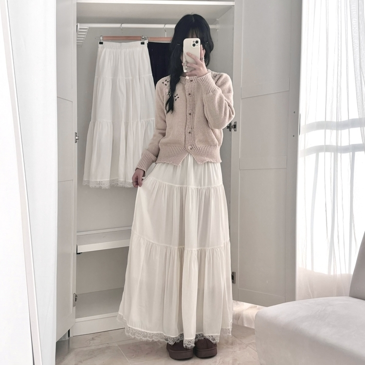밑단 레이스 포인트 레이스 캉캉 밴딩 롱스커트 롱치마 보헤미안 에스닉 모리걸 히피