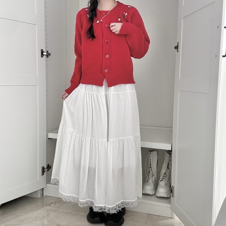 밑단 레이스 포인트 레이스 캉캉 밴딩 롱스커트 롱치마 보헤미안 에스닉 모리걸 히피