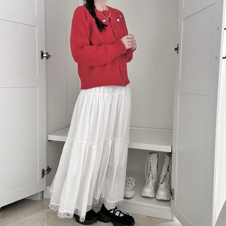 밑단 레이스 포인트 레이스 캉캉 밴딩 롱스커트 롱치마 보헤미안 에스닉 모리걸 히피