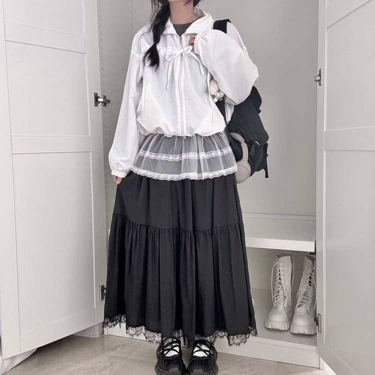 밑단 레이스 포인트 레이스 캉캉 밴딩 롱스커트 롱치마 보헤미안 에스닉 모리걸 히피