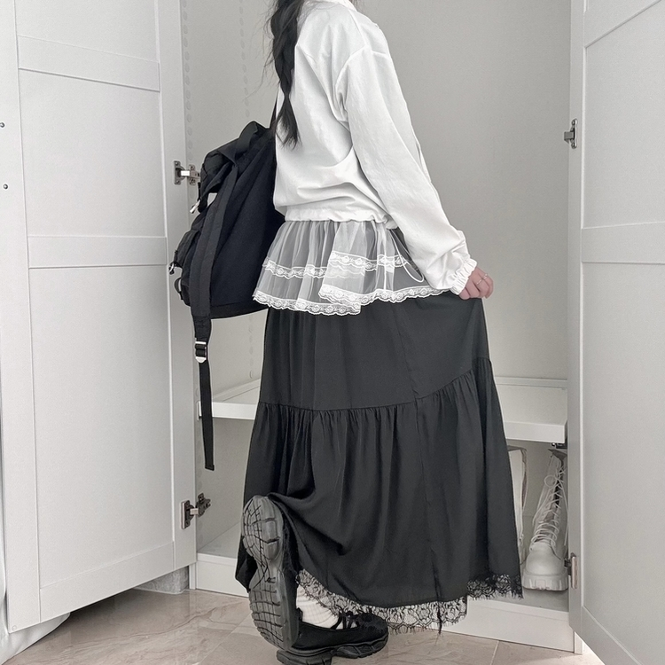 밑단 레이스 포인트 레이스 캉캉 밴딩 롱스커트 롱치마 보헤미안 에스닉 모리걸 히피