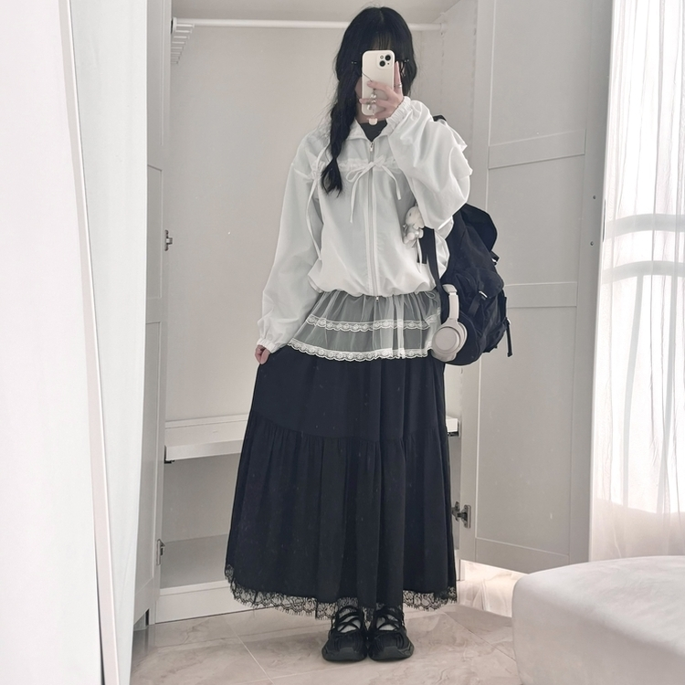 밑단 레이스 포인트 레이스 캉캉 밴딩 롱스커트 롱치마 보헤미안 에스닉 모리걸 히피