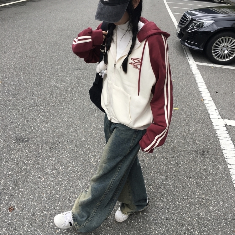 【起毛】カジュアルトラックラインフードジップアップ
