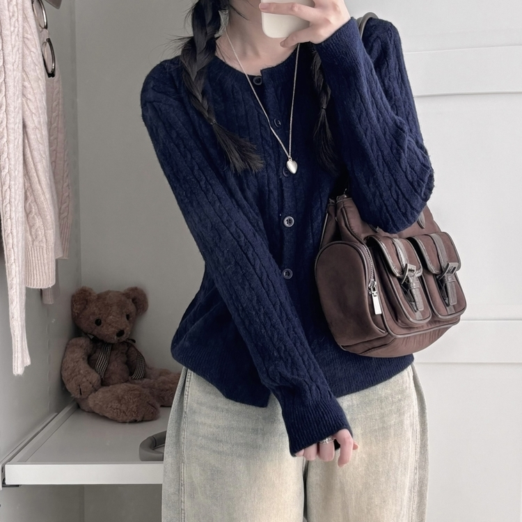 ラウンドケーブルセミクロップニットカーディガン(9color) NAVY(WINTER)