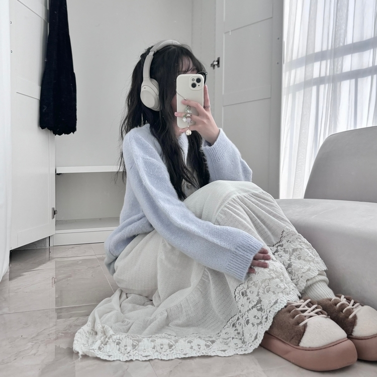 【起毛】レースティアードバンディングロングスカート