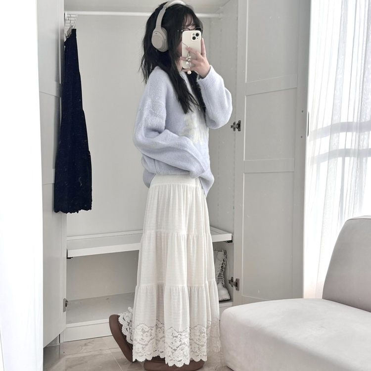 【起毛】レースティアードバンディングロングスカート