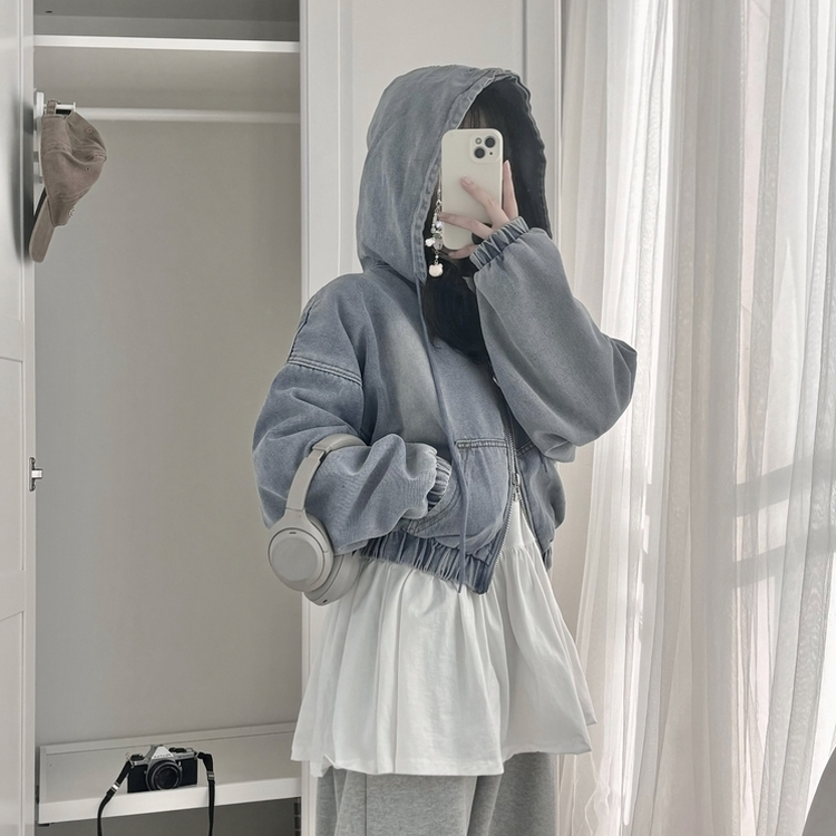 【起毛】フードジップアップデニムジャケット