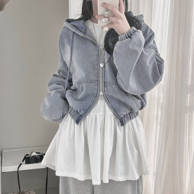 【起毛】フードジップアップデニムジャケット