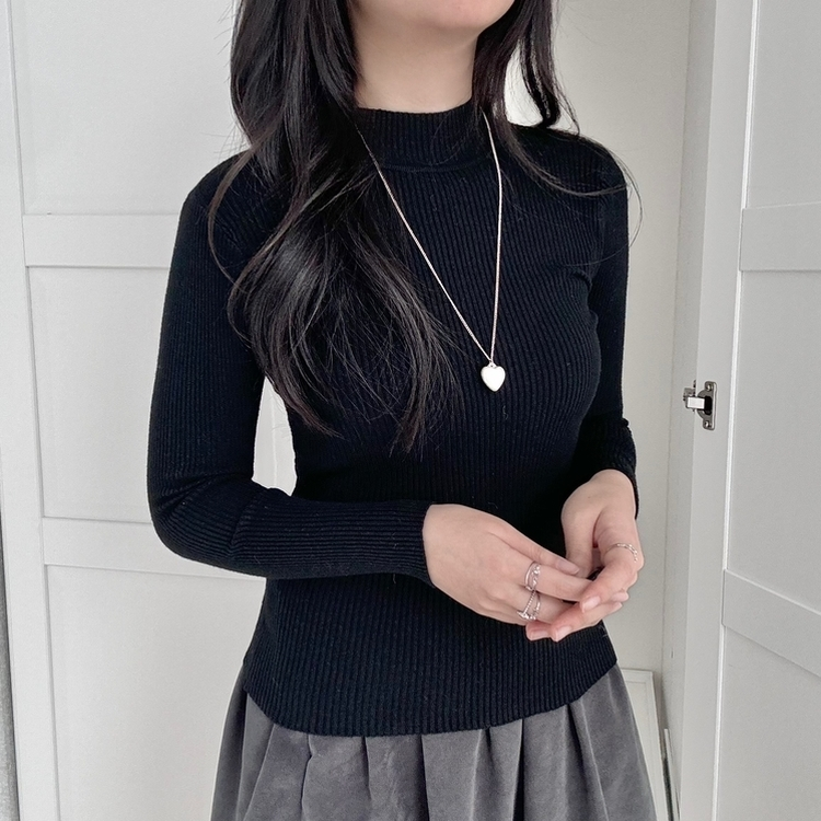 갑갑함 없는 쫀득모찌 반목폴라 레이어드 긴팔 골지 니트 티셔츠