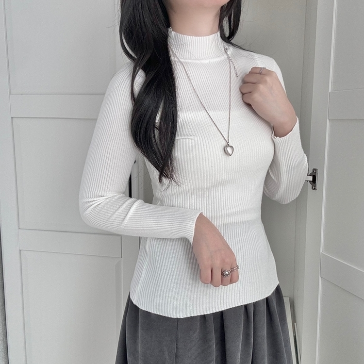 갑갑함 없는 쫀득모찌 반목폴라 레이어드 긴팔 골지 니트 티셔츠