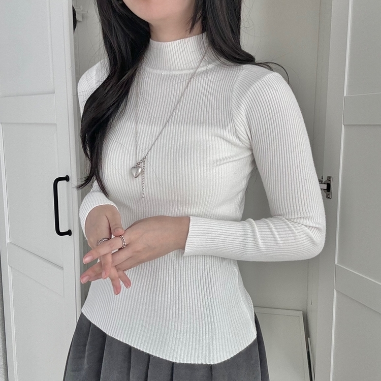 갑갑함 없는 쫀득모찌 반목폴라 레이어드 긴팔 골지 니트 티셔츠