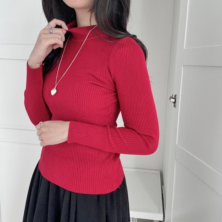 갑갑함 없는 쫀득모찌 반목폴라 레이어드 긴팔 골지 니트 티셔츠