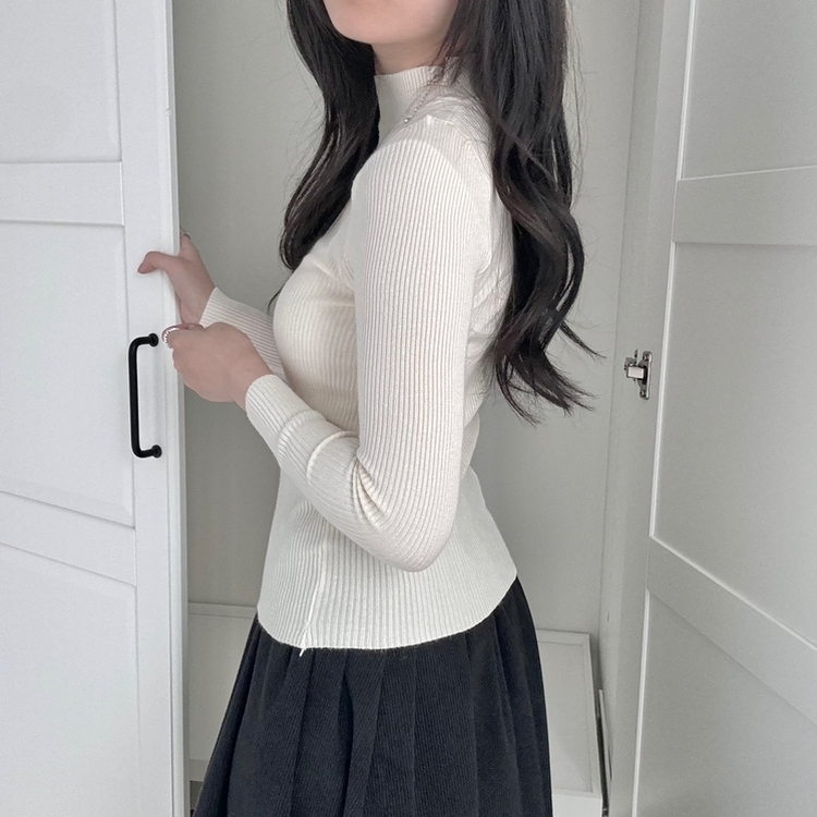 갑갑함 없는 쫀득모찌 반목폴라 레이어드 긴팔 골지 니트 티셔츠