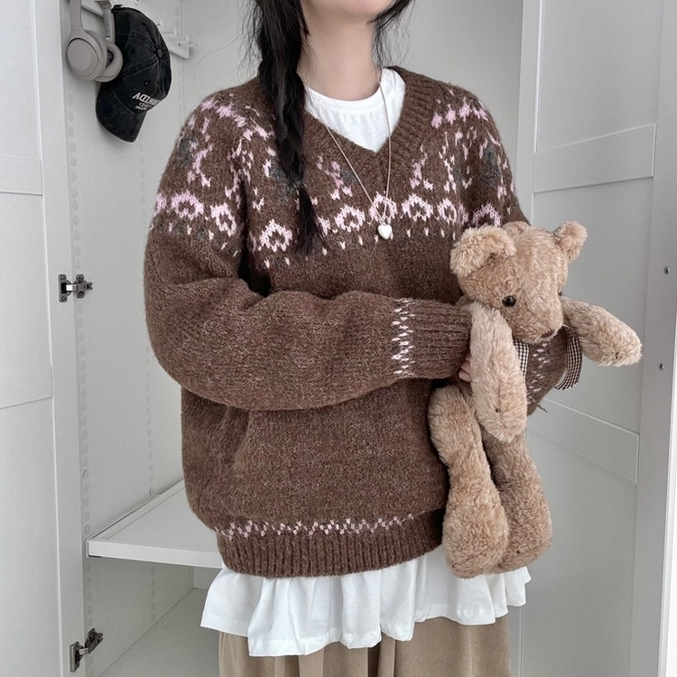 Vネックハートノルディックニット